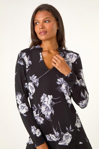 Roman Black Floral Print V-Neck Chiffon Hem Top