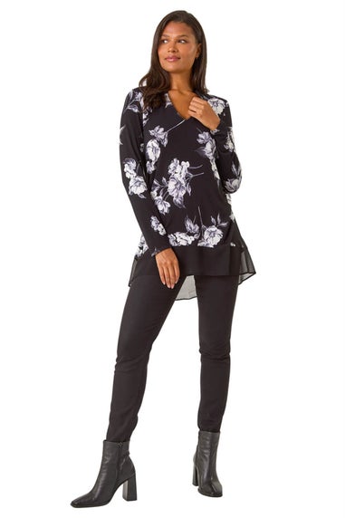 Roman Black Floral Print V-Neck Chiffon Hem Top