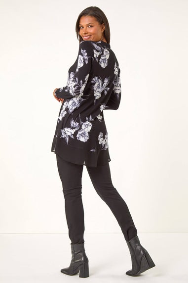 Roman Black Floral Print V-Neck Chiffon Hem Top