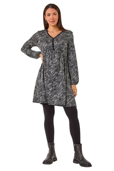 Roman Grey Leaf Print V-Neck Stretch Dress