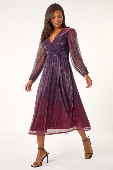 Roman Purple Ombre Plisse Tie Wrap Dress