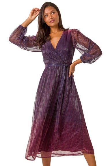 Roman Purple Ombre Plisse Tie Wrap Dress