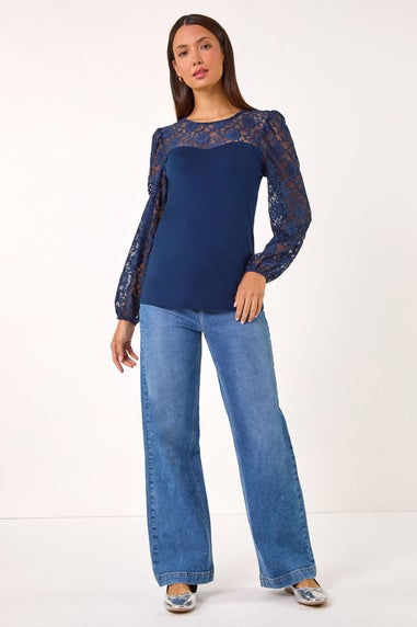 Roman Navy Sweetheart Lace Detail Stretch Top