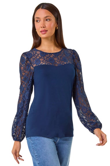 Roman Navy Sweetheart Lace Detail Stretch Top