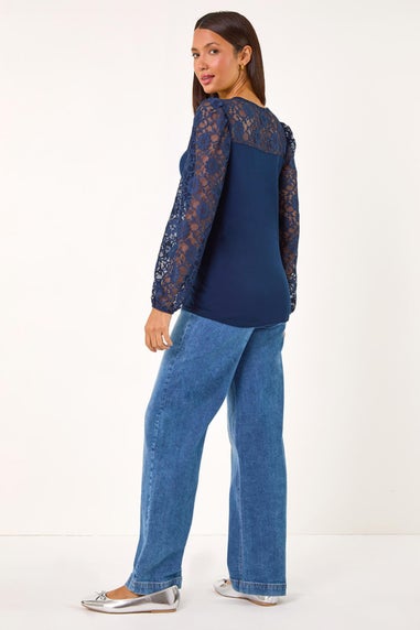 Roman Navy Sweetheart Lace Detail Stretch Top