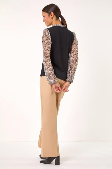 Roman Natural Contrast Animal Print Mesh Stretch Top