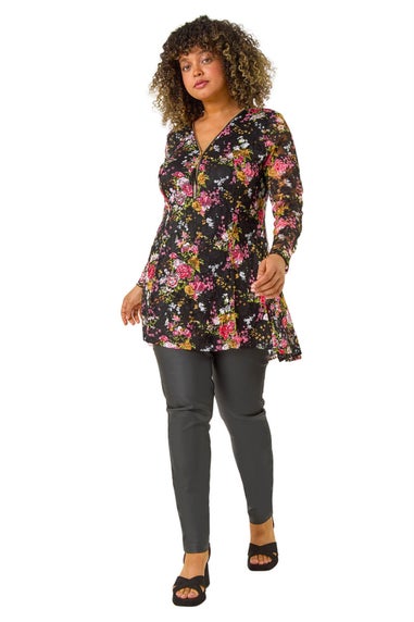 Roman Pink Curve Floral Print V-Neck Zip Front Top