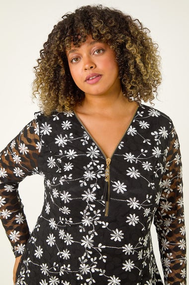 Roman Black Curve Floral Print V-Neck Zip Front Top