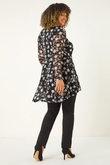 Roman Black Curve Floral Print V-Neck Zip Front Top