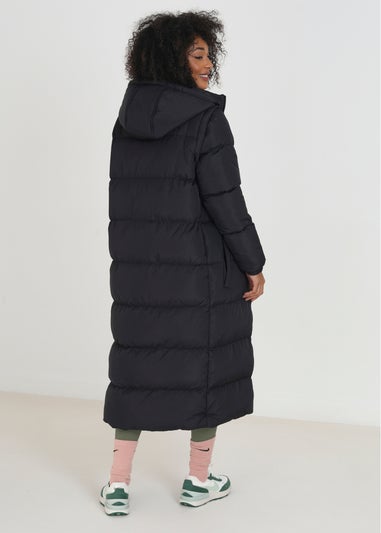 Brave Soul Black Maxi Hooded Puffer Jacket with Detachable Sleeves