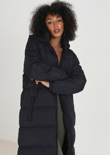 Brave Soul Black Maxi Hooded Puffer Jacket with Detachable Sleeves