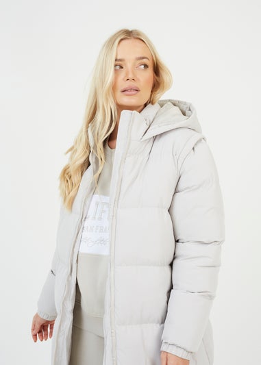 Brave Soul Cream Maxi Hooded Puffer Jacket with Detachable Sleeves