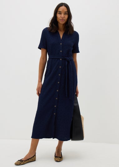 Navy Textured Shirt Midi Dress