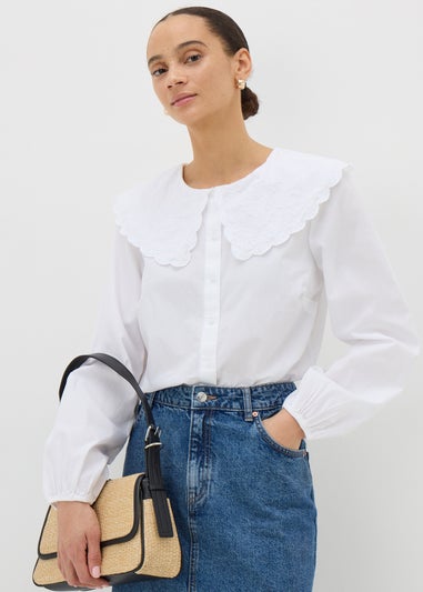 White Embroidered Oversized Collar Shirt