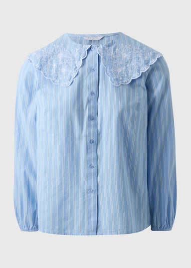 Blue Stripe Embroidered Oversized Collar Shirt