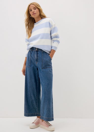 Blue Mid Wash Cropped Wide Leg Jeans