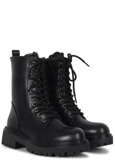 Linzi Samurai Black Faux Leather Lace Up Military Boot