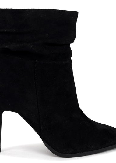 Linzi Eclipse Black Suede Ruched Pointed Stiletto Boot Heel