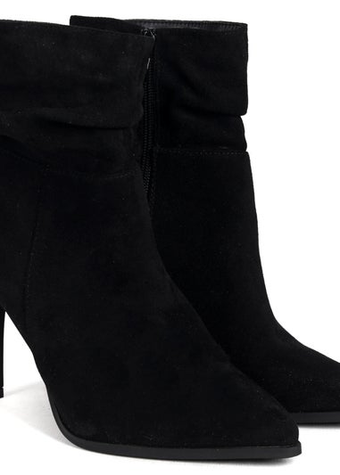 Linzi Eclipse Black Suede Ruched Pointed Stiletto Boot Heel