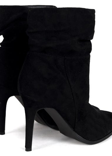 Linzi Eclipse Black Suede Ruched Pointed Stiletto Boot Heel