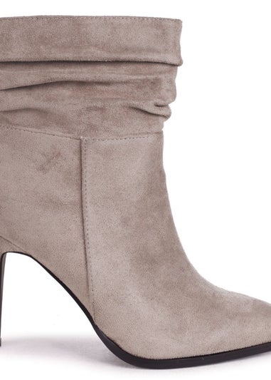 Linzi Eclipse Mocha Suede Ruched Pointed Stiletto Boot Heel