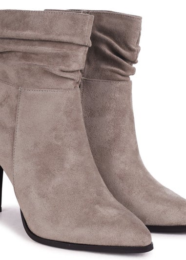 Linzi Eclipse Mocha Suede Ruched Pointed Stiletto Boot Heel