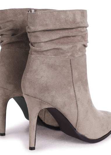 Linzi Eclipse Mocha Suede Ruched Pointed Stiletto Boot Heel