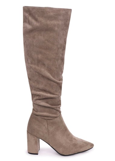 Linzi Bonnie Mocha Suede Block Heel Knee High Ruched Boot