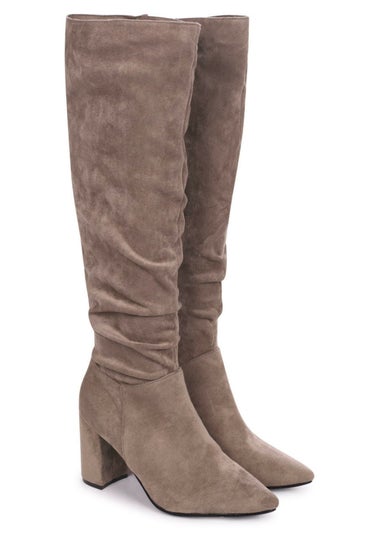 Linzi Bonnie Mocha Suede Block Heel Knee High Ruched Boot