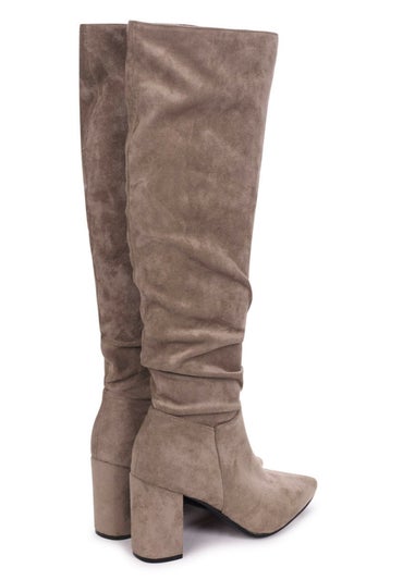 Linzi Bonnie Mocha Suede Block Heel Knee High Ruched Boot