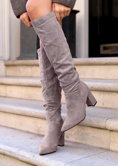 Linzi Bonnie Mocha Suede Block Heel Knee High Ruched Boot