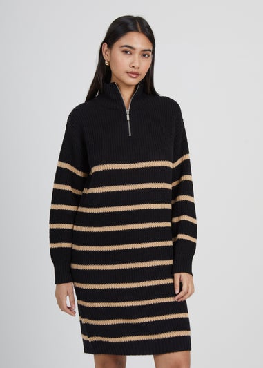 Brave Soul Black Striped Knitted Half Zip Mini Dress