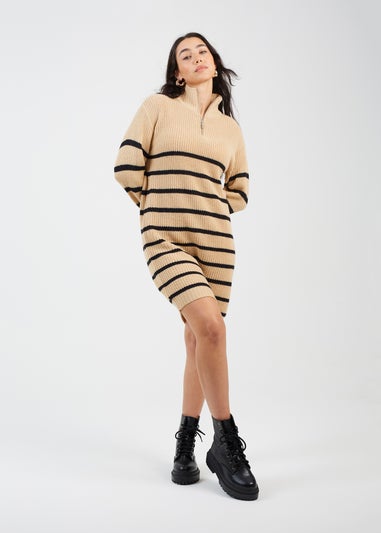 Brave Soul Camel Striped Knitted Half Zip Mini Dress