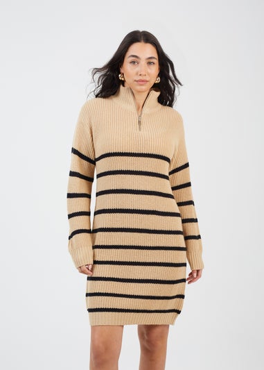 Brave Soul Camel Striped Knitted Half Zip Mini Dress