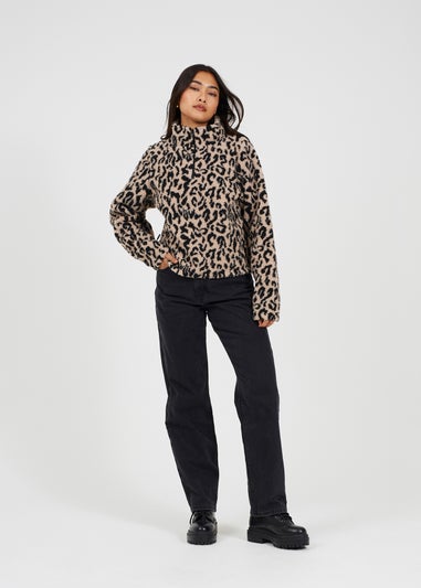 Brave Soul Tan Half Zip Leopard Print Sherpa Fleece Sweatshirt