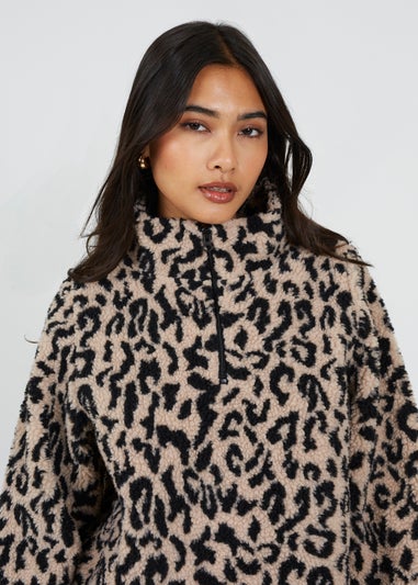 Brave Soul Tan Half Zip Leopard Print Sherpa Fleece Sweatshirt