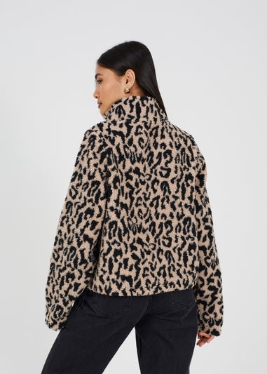 Brave Soul Tan Half Zip Leopard Print Sherpa Fleece Sweatshirt