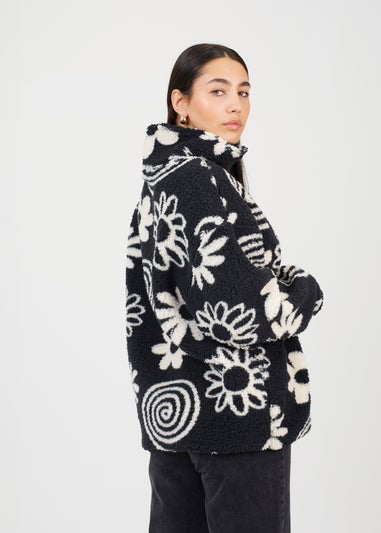 Brave Soul Black Quarter Zip Flower Print Sherpa Fleece