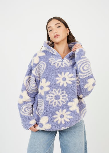 Brave Soul Purple Quarter Zip Flower Print Fleece Sweatshirt