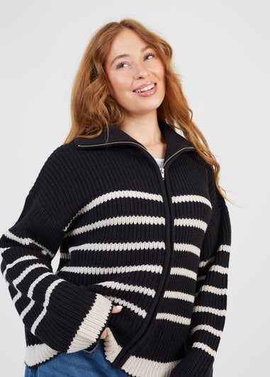 Brave Soul Black Stripe Zip Through Fisherman Knit Jumper