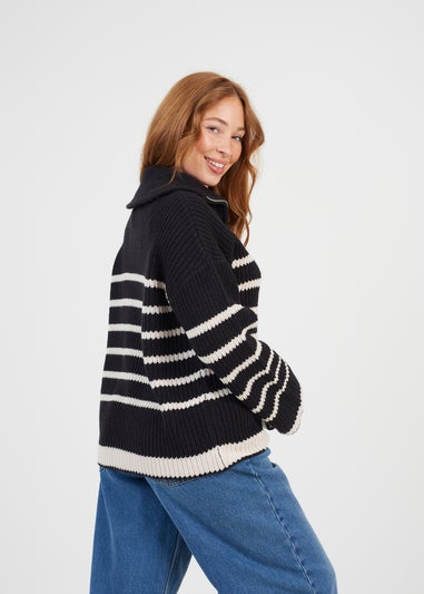 Brave Soul Black Stripe Zip Through Fisherman Knit Jumper