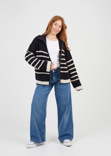 Brave Soul Black Stripe Zip Through Fisherman Knit Jumper