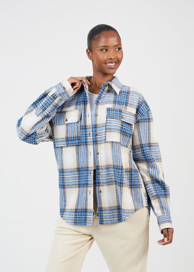 Brave Soul Blue Check Print Long Sleeve Fleece Shirt