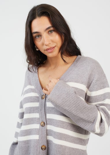 Brave Soul Grey Button Through V-neck Stripe Cardigan