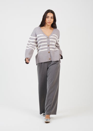 Brave Soul Grey Button Through V-neck Stripe Cardigan