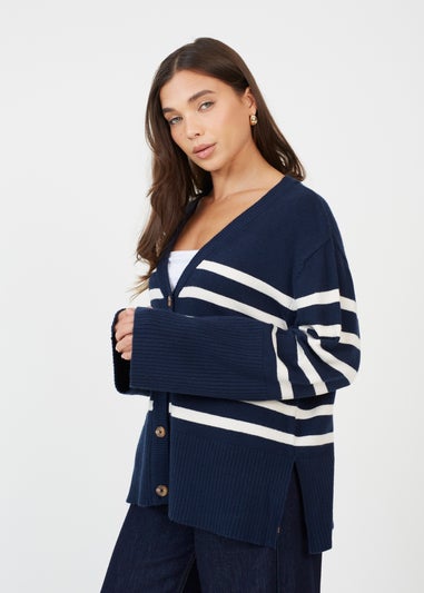 Brave Soul Navy Button Through V-neck Stripe Cardigan