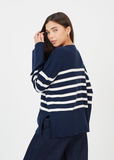 Brave Soul Navy Button Through V-neck Stripe Cardigan