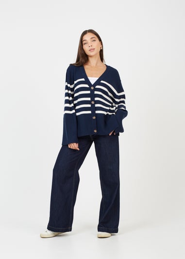 Brave Soul Navy Button Through V-neck Stripe Cardigan