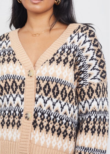 Brave Soul Camel Button Through V-neck Fairisle Cardigan