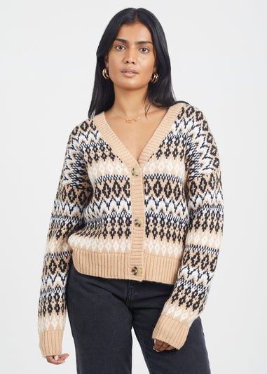 Brave Soul Camel Button Through V-neck Fairisle Cardigan